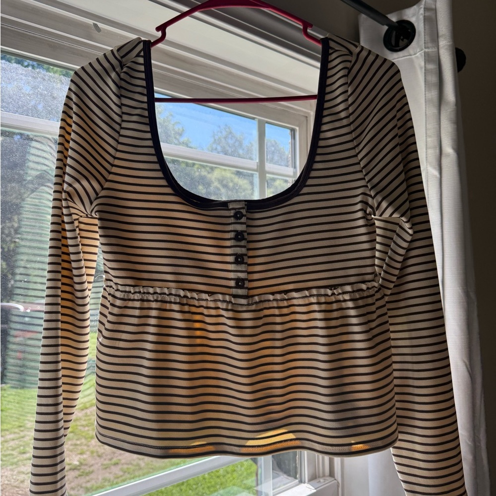 PacSun Brown and White Long Sleeve Peplum Blouse